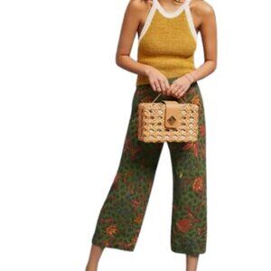 Anthropologie Olive Green Floral Cropped Wide-Leg Pants